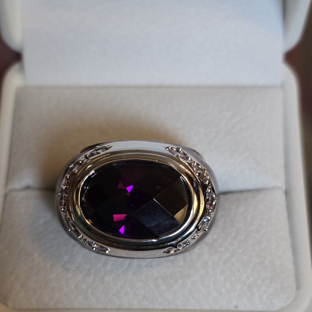 Vintage Signed 925 LGA Lauran G Adams Oval Amethyst Enamel Dome Ring sz 7.75